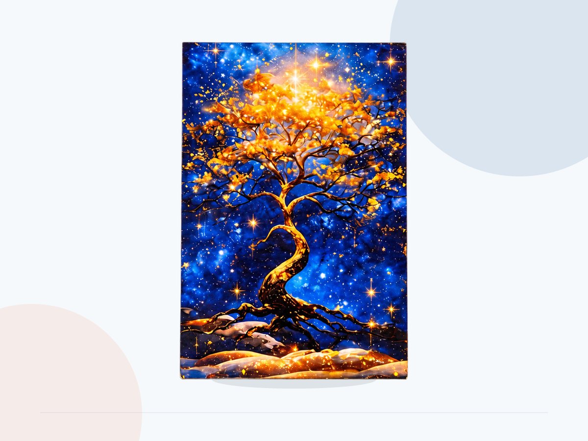 Full view of blue-and-gold artwork on an art panel