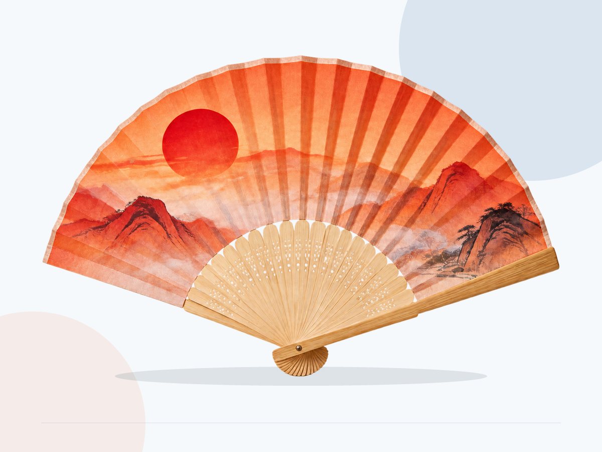 Full view of landscape artwork printed across a folding fan