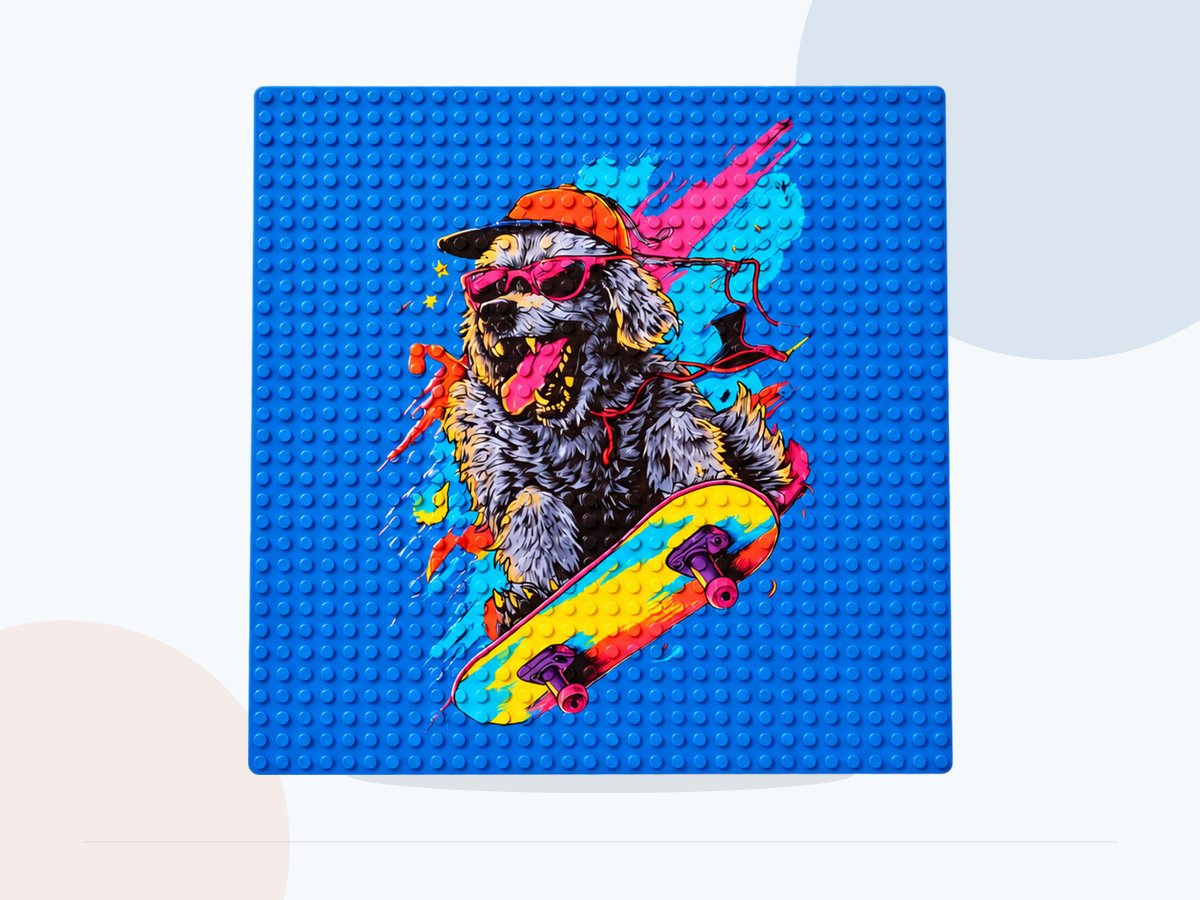 Full view of a colorful print on a textured blue panel