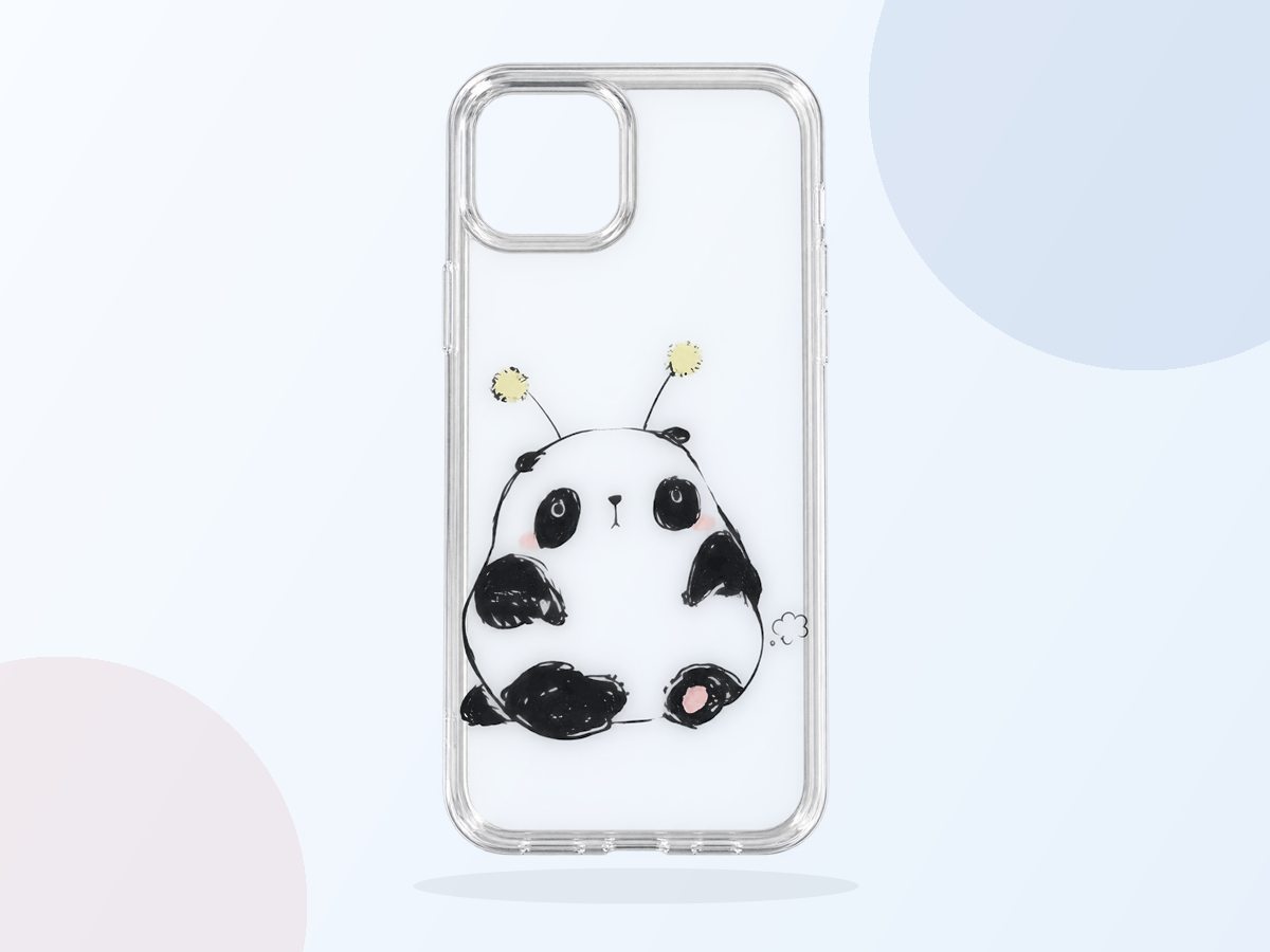 Full view of a transparent phone case with panda artwork