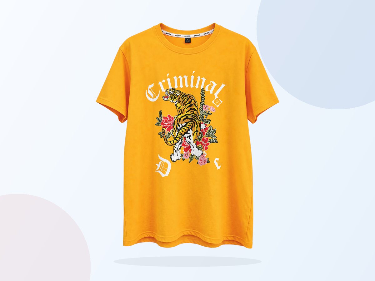 Full view of an orange T-shirt with a tiger print
