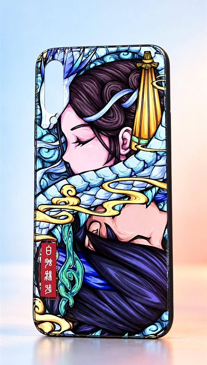 Full view of a phone case with vivid blue artwork